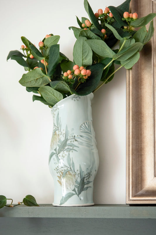 Hand Stamped Porcelain Floral Vase - Aqua