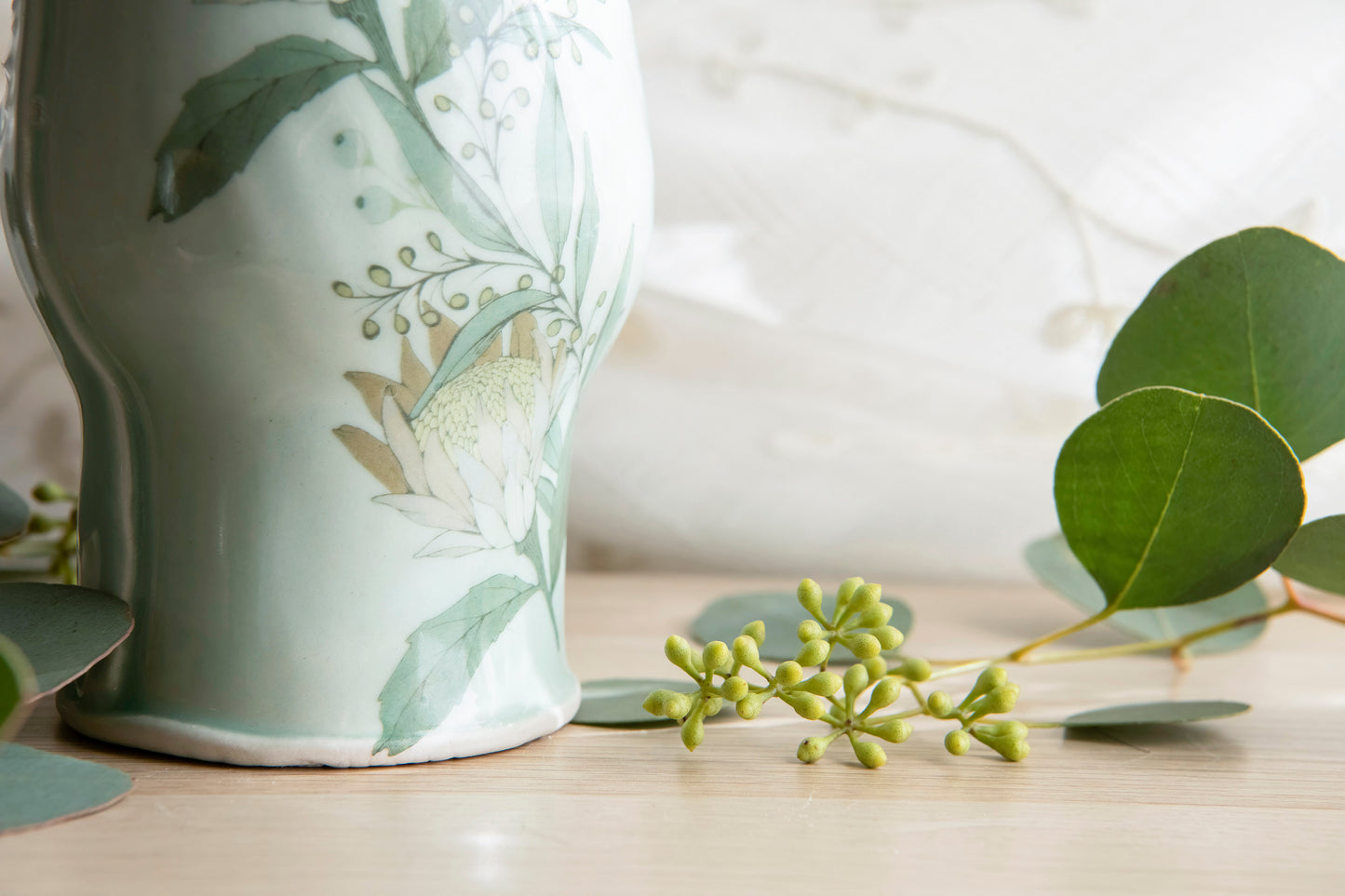 Hand Stamped Porcelain Floral Vase - Aqua