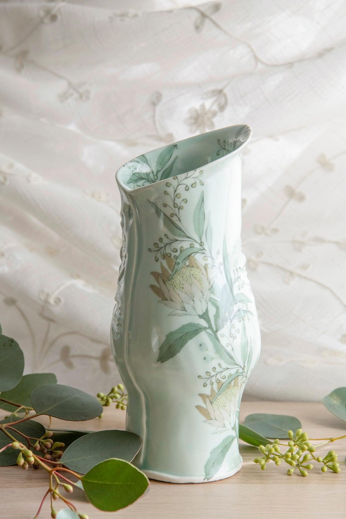 Hand Stamped Porcelain Floral Vase - Aqua